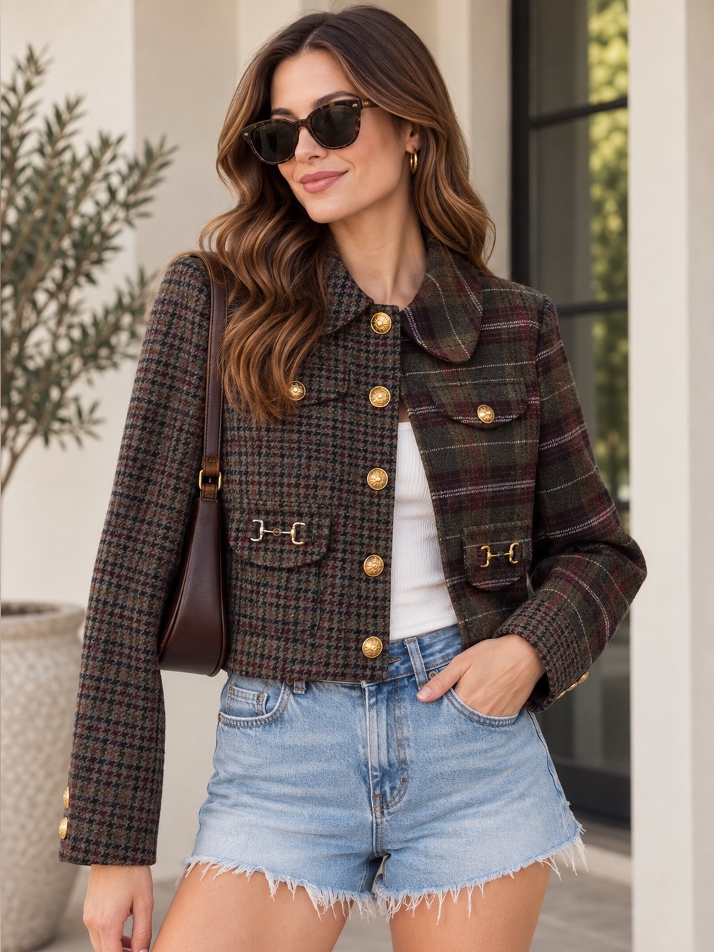 NWT Avec Les Filles Plaid Houndstooth Cropped Jacket S